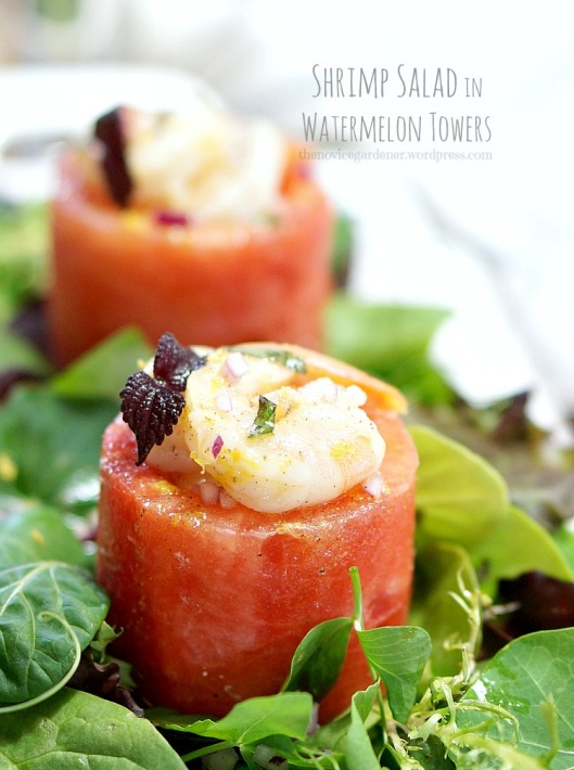shrimp salad in watermelon towers